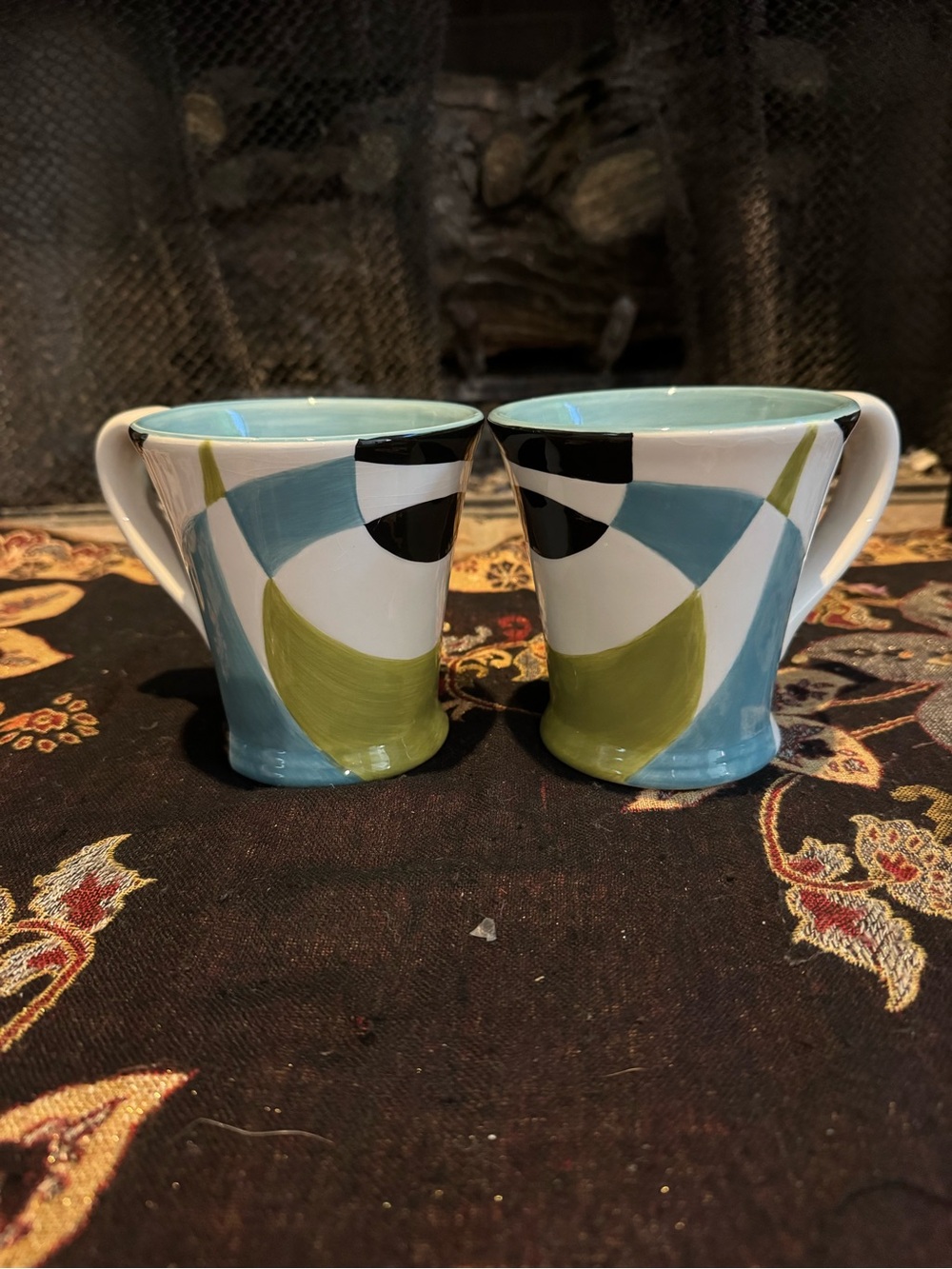 Set of two Pier 1 "Folly" hand painted earthenware coffee mugs
